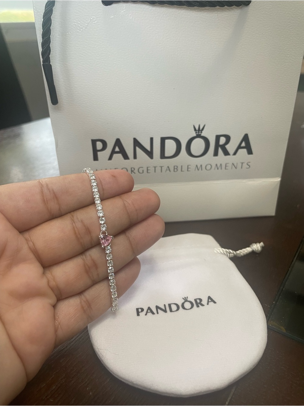 Pandora Silver Tennis Bracelet with Pink Heart Accent